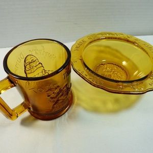 Tiara Amber Glass Humpty Dumpty Tom Tom Pipers Nursery Rhyme Child Mug Bowl set